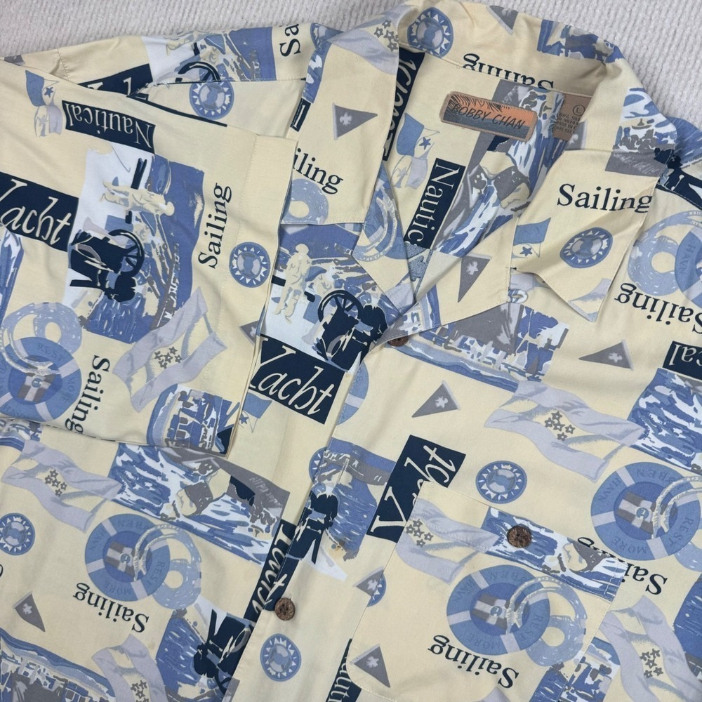 Bobby Chan Nautical Silk Shirt Mens L Tan‎ Blue  Sailing Yacht Print